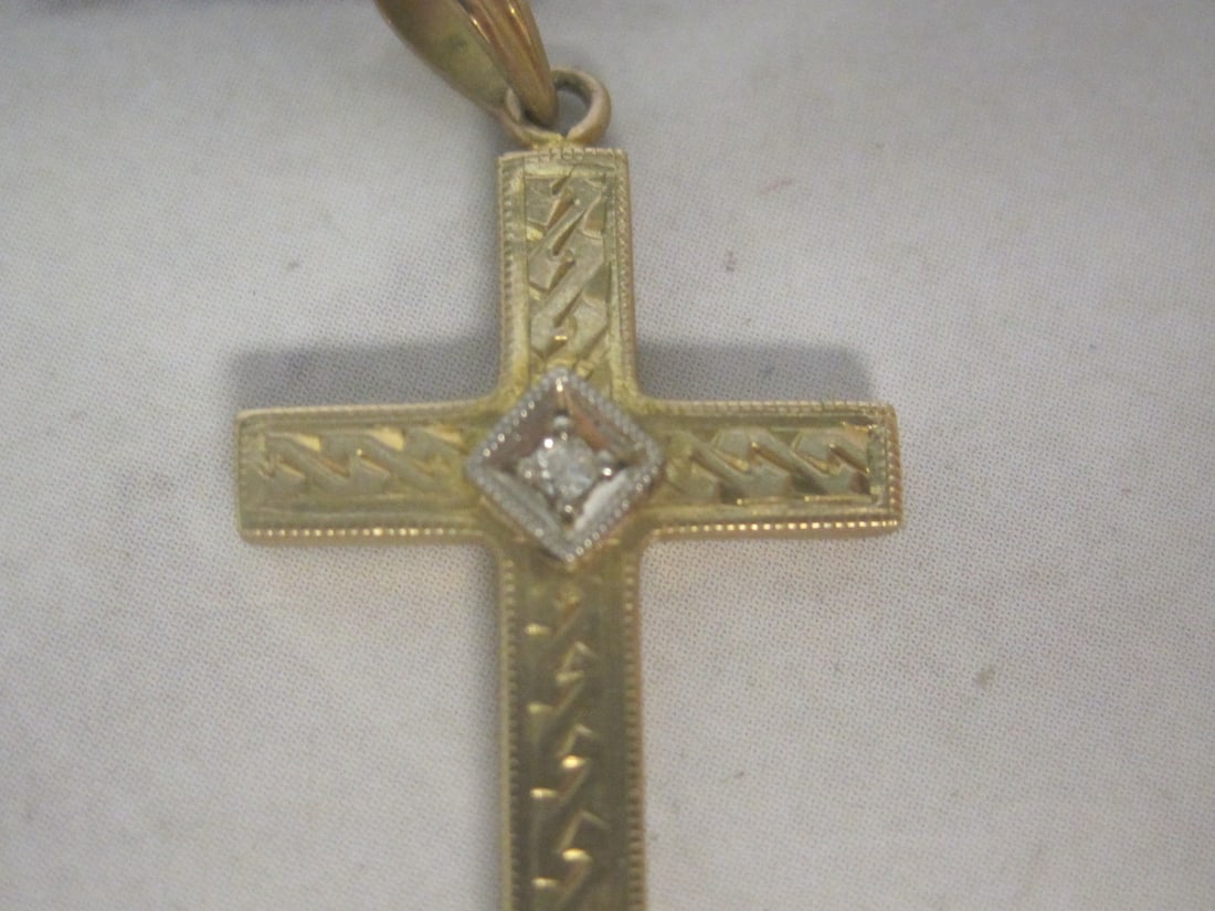 10k Gold Etched Cross Pendant with Diamonds - 2