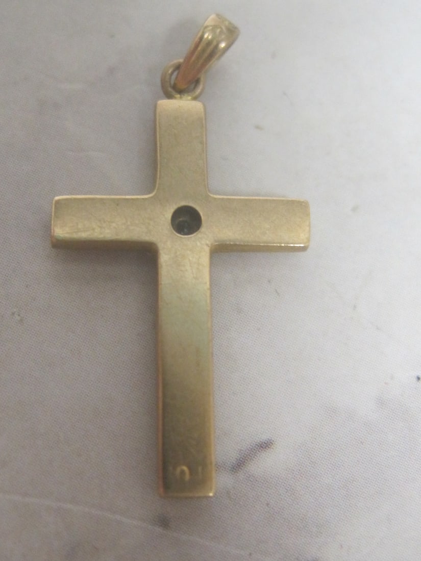 10k Gold Etched Cross Pendant with Diamonds - 3