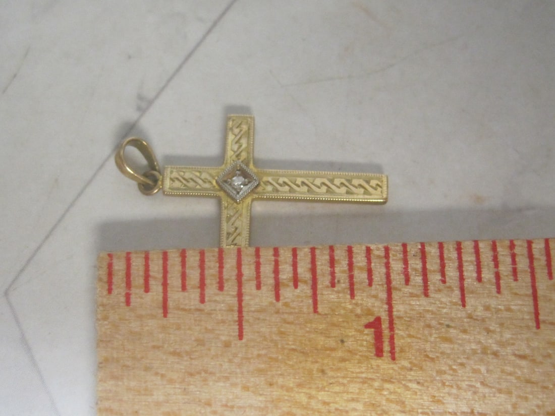 10k Gold Etched Cross Pendant with Diamonds - 4