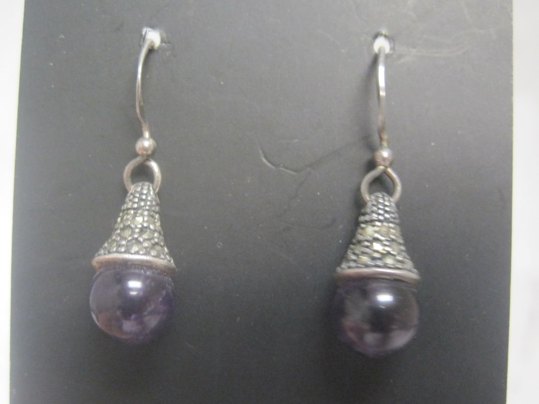 Sterling Silver Marcasite & Amethyst Earrings: Weighs 4.5 grams