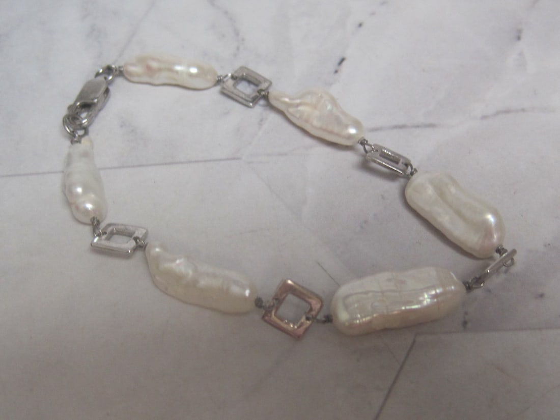 8" Sterling Silver Baroque Pearl Bracelet: .