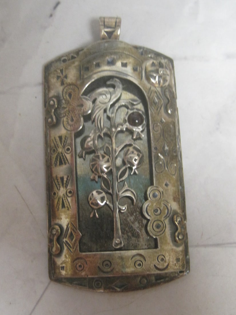 Sterling Silver Very Intricate Pendant: Weighs 16.1 grams, Featuring an openwork arched design with pomegranate tree & bird motif, ornate on both sides