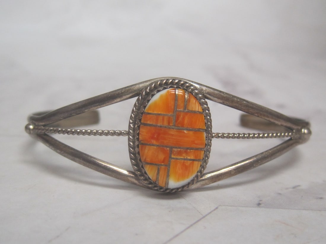 Sterling Silver Navajo Cuff Bracelet with Orange Stone: Weighs 10.3 grams, Signed PY