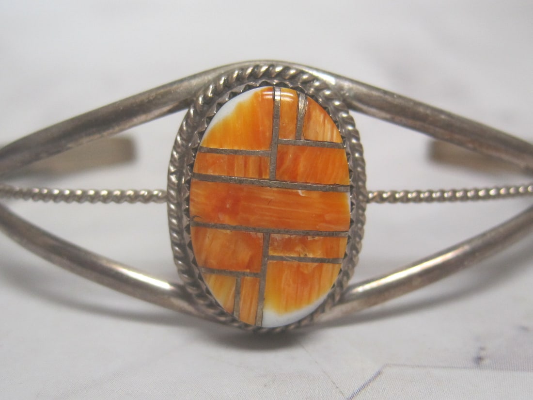 Sterling Silver Navajo Cuff Bracelet with Orange Stone - 2