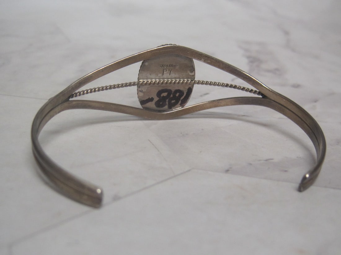 Sterling Silver Navajo Cuff Bracelet with Orange Stone - 3