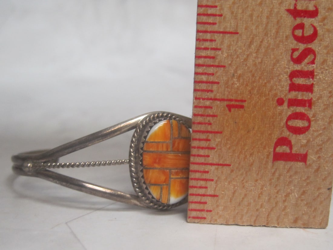 Sterling Silver Navajo Cuff Bracelet with Orange Stone - 5