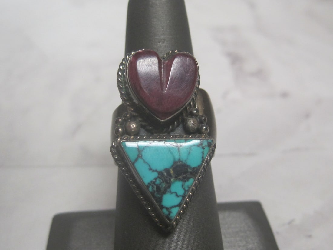Sterling Silver Southwestern Style Ring with Turquoise Stone & Heart Shaped Purple Stone: Weighs 12.5 grams, Adjustable size, Signed GA