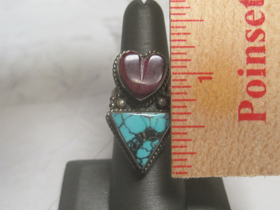 Sterling Silver Southwestern Style Ring with Turquoise Stone & Heart Shaped Purple Stone - 5