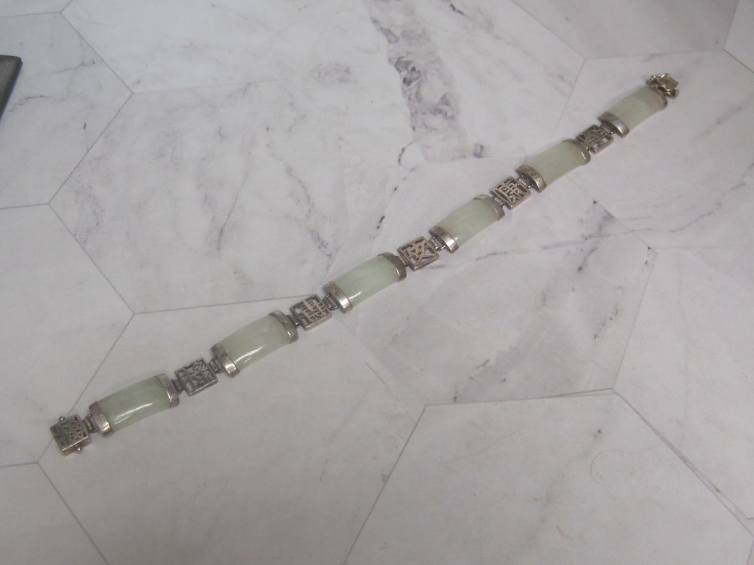 7 1/2" Sterling Silver Chinese Jade Panel Bracelet: Weighs 12.8 grams
