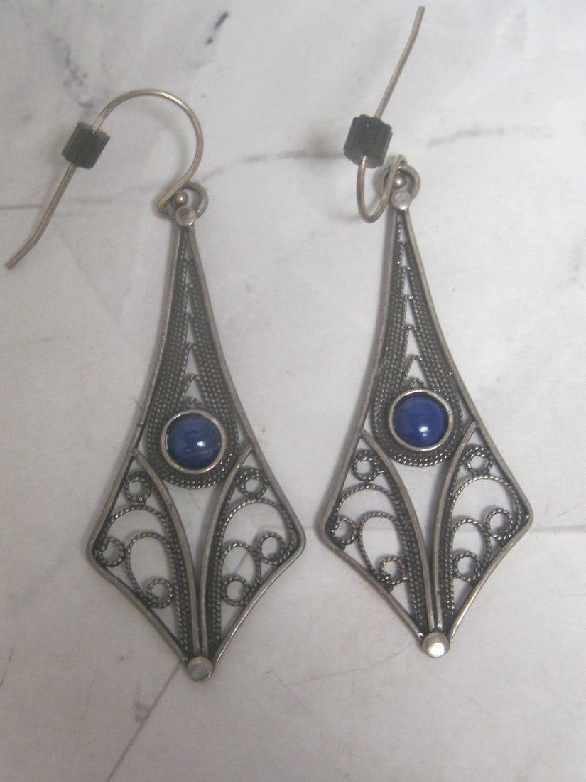 Sterling Silver Filigree Earrings with Lapis Stones: Weighs 5.5 grams