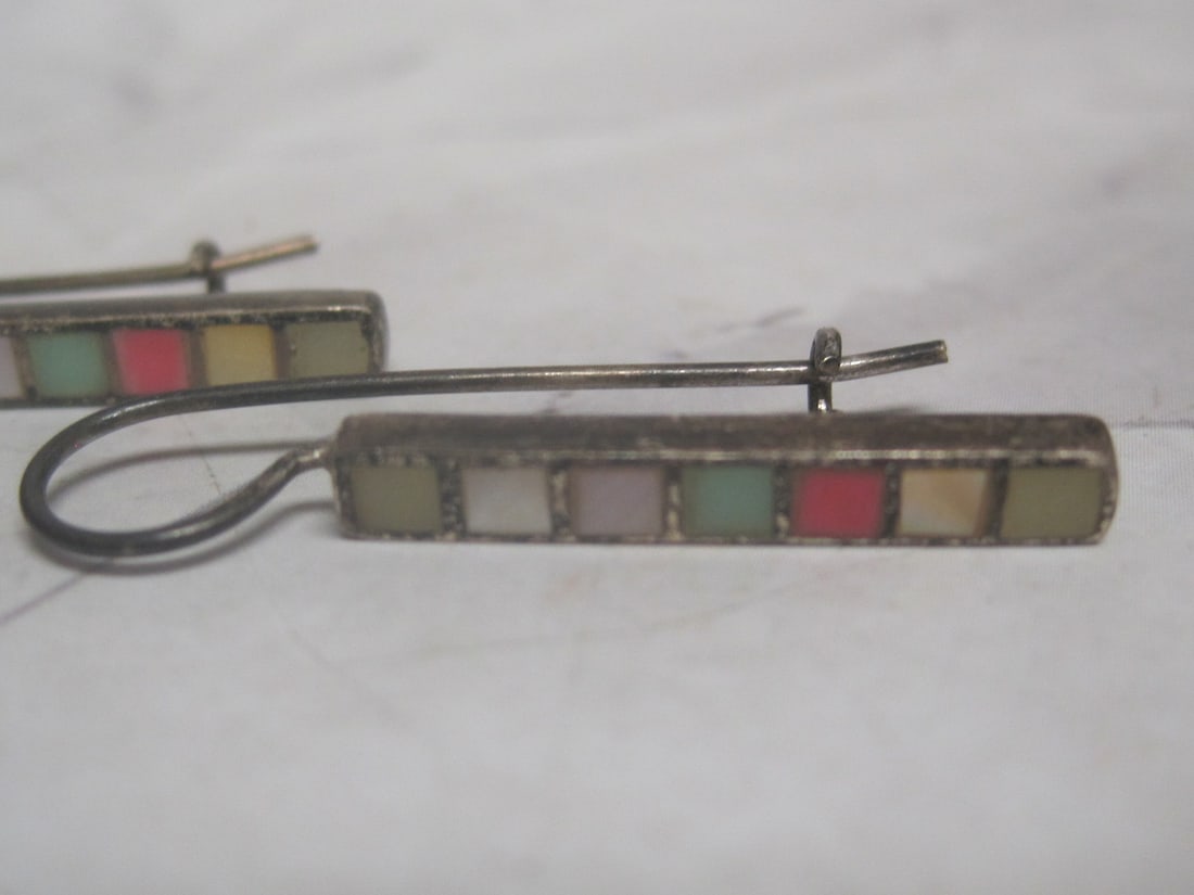 Sterling Silver Bar Earrings with Inlaid Square Stones - 2