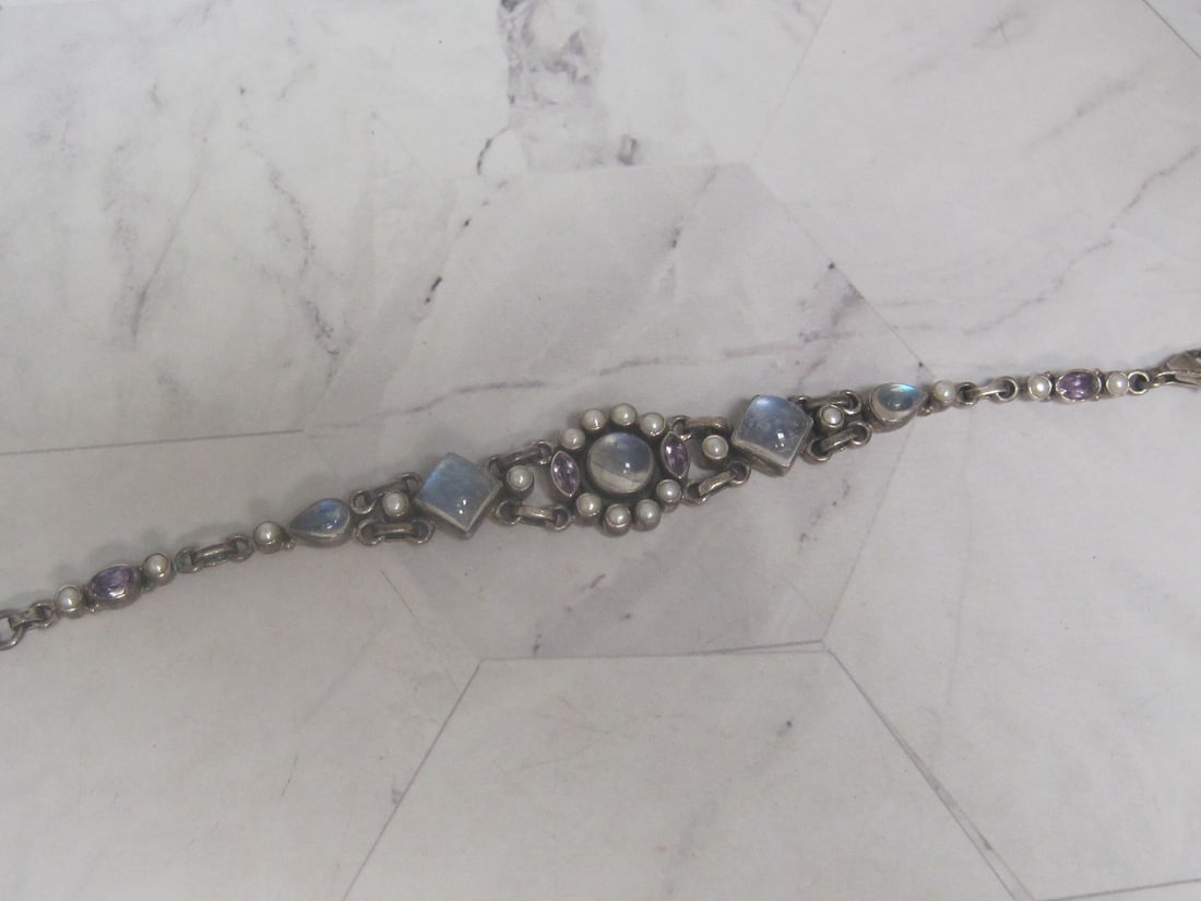 7" Sterling Silver Bracelet with Moonstones, Pearls, & Amethyst Stones: Weighs 18.4 grams