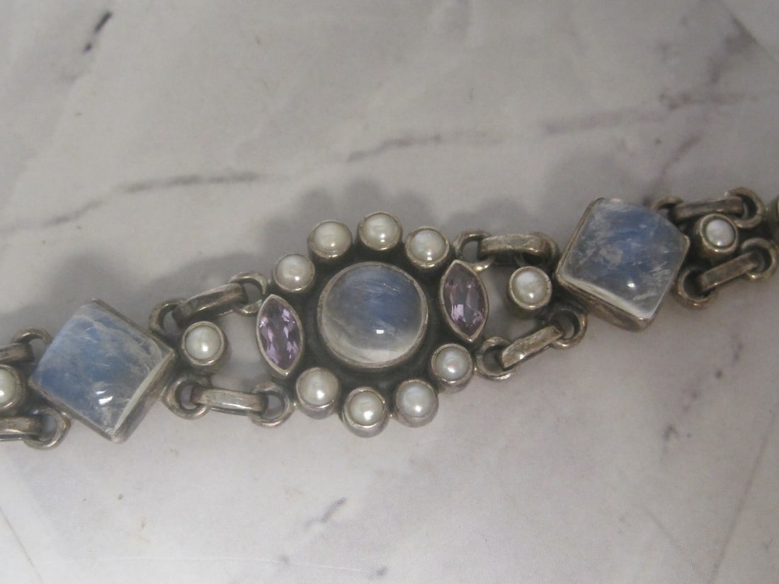 7" Sterling Silver Bracelet with Moonstones, Pearls, & Amethyst Stones - 2