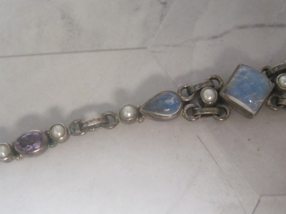 7" Sterling Silver Bracelet with Moonstones, Pearls, & Amethyst Stones - 3