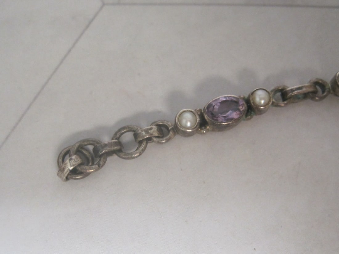 7" Sterling Silver Bracelet with Moonstones, Pearls, & Amethyst Stones - 4