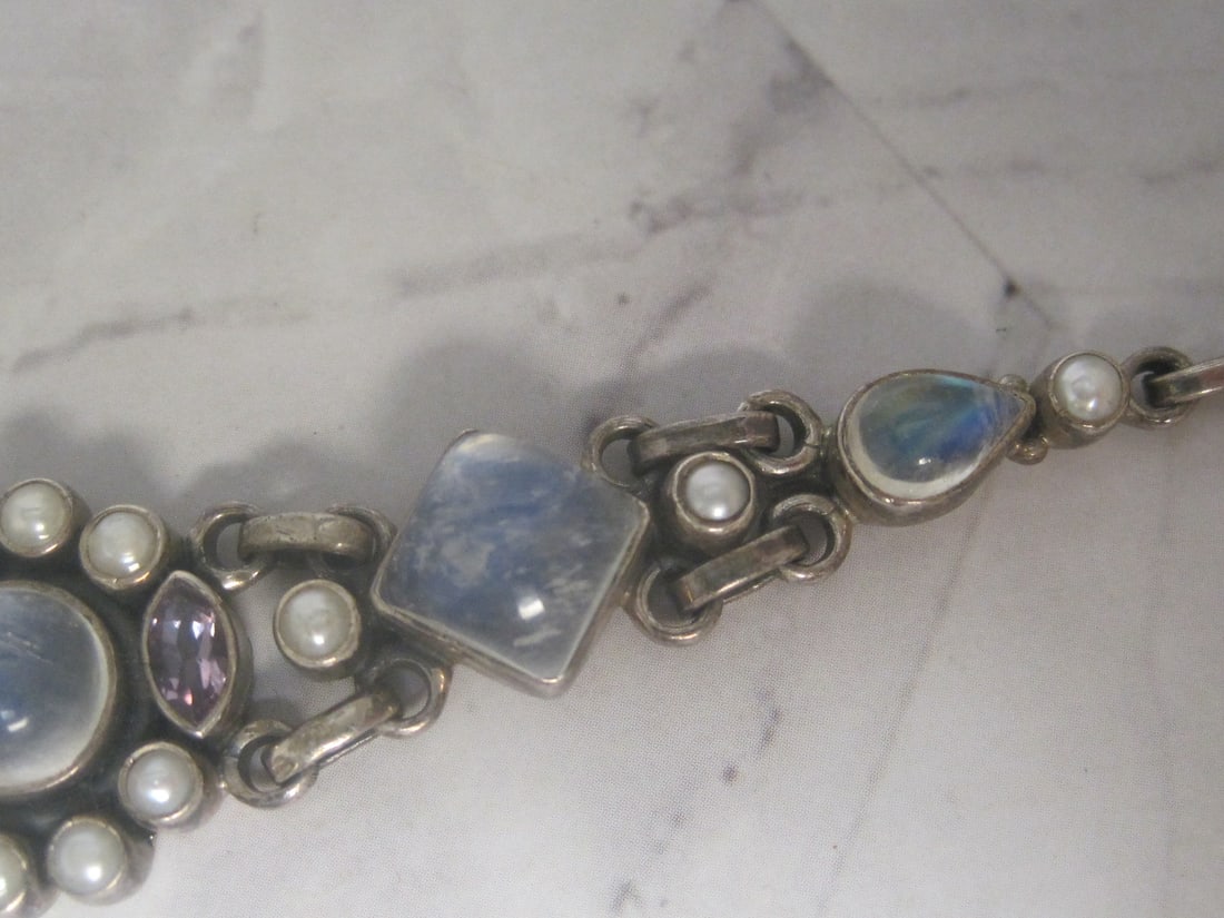 7" Sterling Silver Bracelet with Moonstones, Pearls, & Amethyst Stones - 5