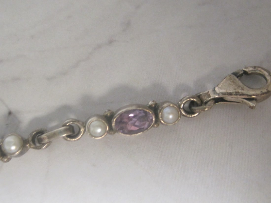 7" Sterling Silver Bracelet with Moonstones, Pearls, & Amethyst Stones - 6