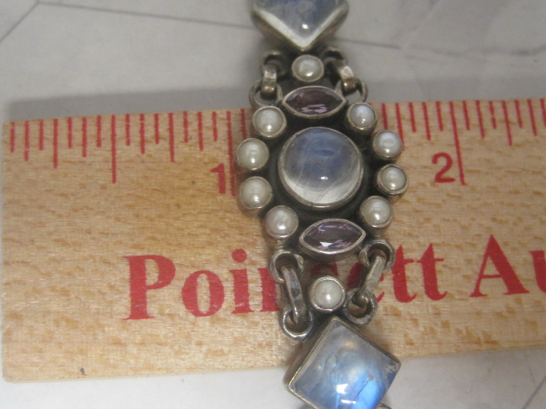 7" Sterling Silver Bracelet with Moonstones, Pearls, & Amethyst Stones - 8