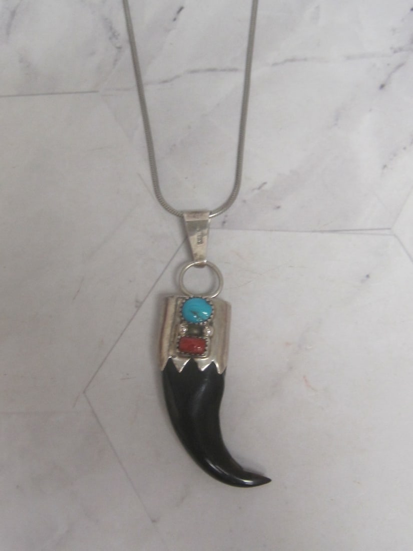 Native American Style Sterling Silver Pendant on 18" Sterling Silver Chain: Weighs 9.2 grams, Pendant is a bear claw with turquoise & coral stones
