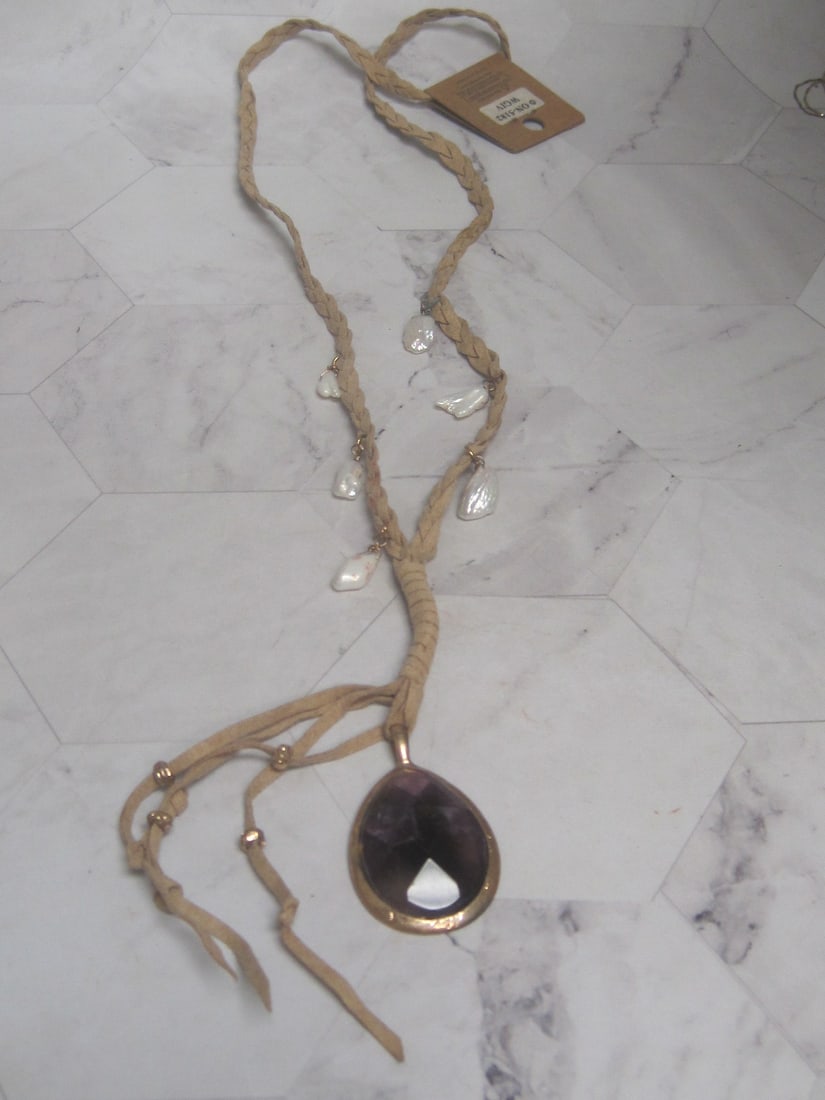 Semi-Precious Stone Pendant on Braided Suede Necklace by Dorothy: .