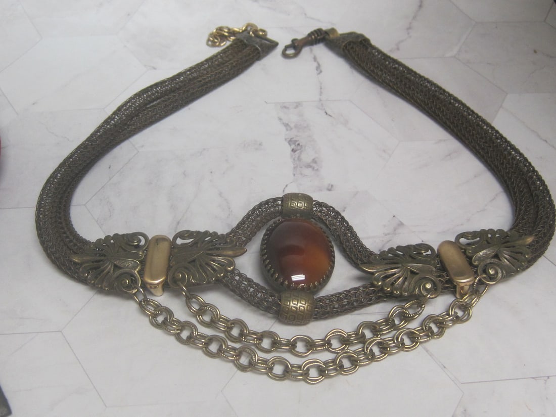 Statement Necklace with Double Mesh Chains, Faux Agate Stone, & Ornamental Details: .