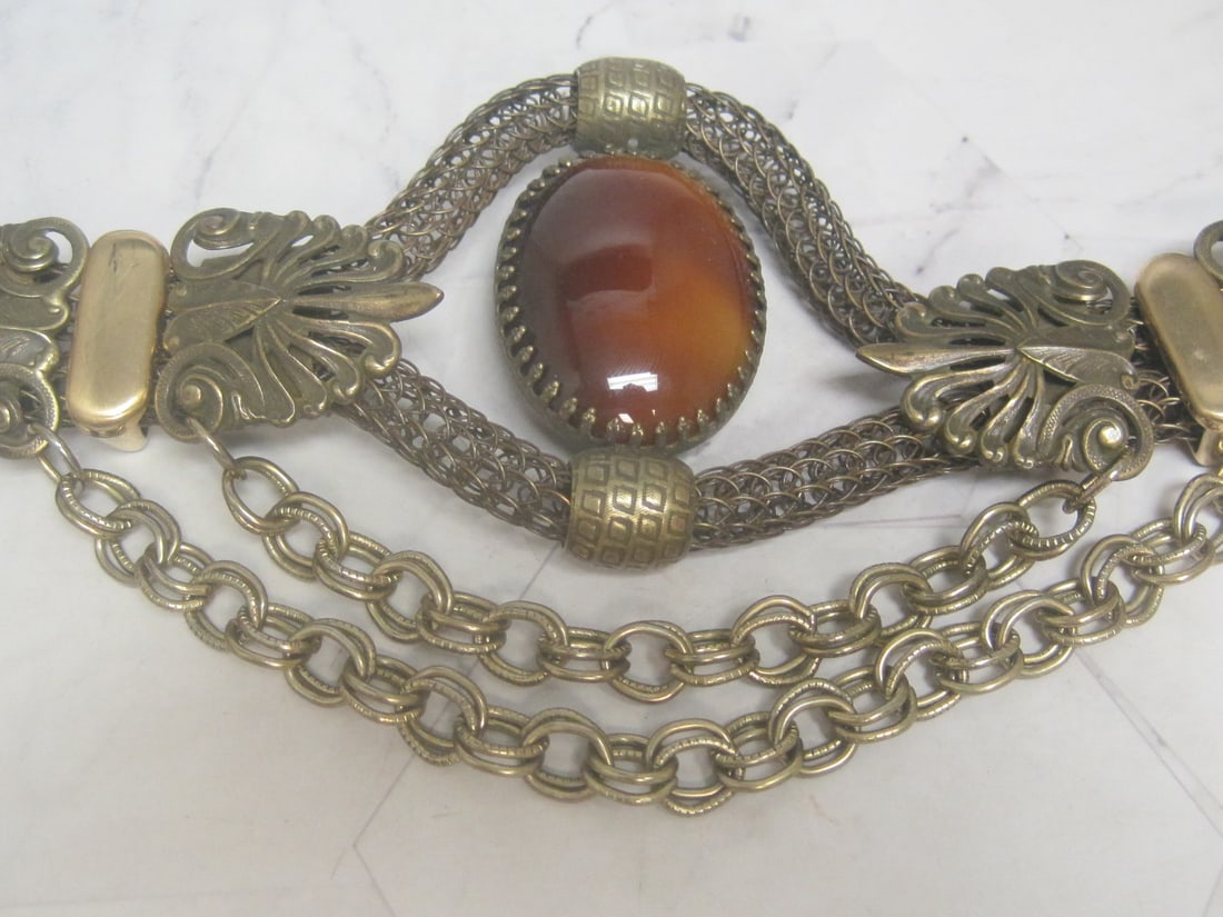 Statement Necklace with Double Mesh Chains, Faux Agate Stone, & Ornamental Details - 2