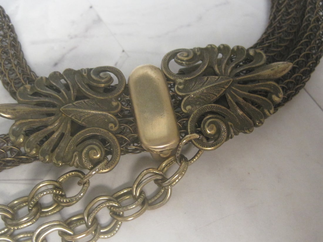 Statement Necklace with Double Mesh Chains, Faux Agate Stone, & Ornamental Details - 3
