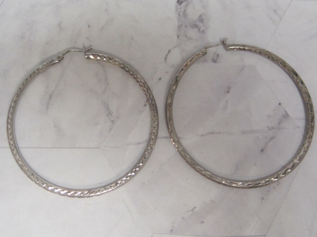 Sterling Silver Textured Large Hoop Earrings: Weighs 8.8 grams