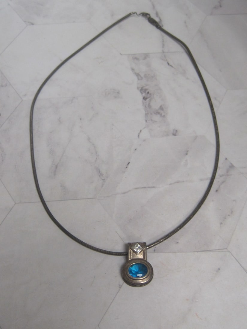 18" Sterling Silver Omega Chain with Sterling Silver Blue Topaz & CZ Pendant: Weighs 15.4 grams