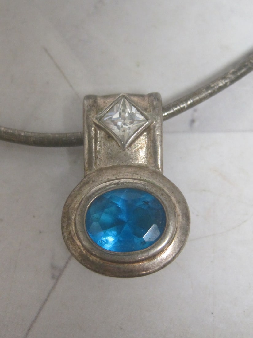 18" Sterling Silver Omega Chain with Sterling Silver Blue Topaz & CZ Pendant - 2