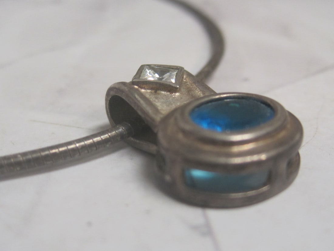 18" Sterling Silver Omega Chain with Sterling Silver Blue Topaz & CZ Pendant - 3
