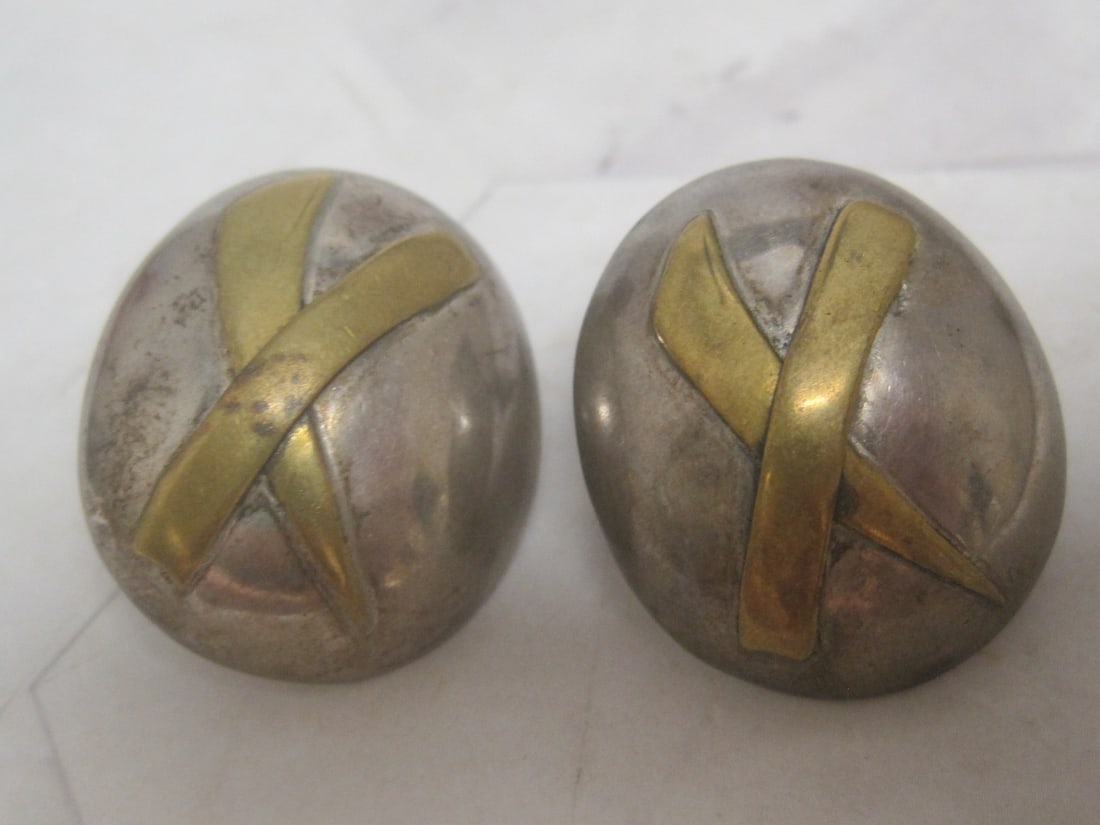 Sterling Silver Two-Tone Button Earrings: Weighs 19 grams