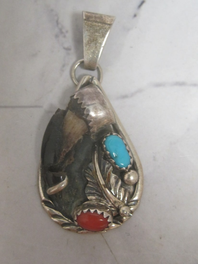 Sterling Silver Native American Style Pendant with Turquoise & Coral Stones & Bear Claw: Signed LH, Bear claw is damaged