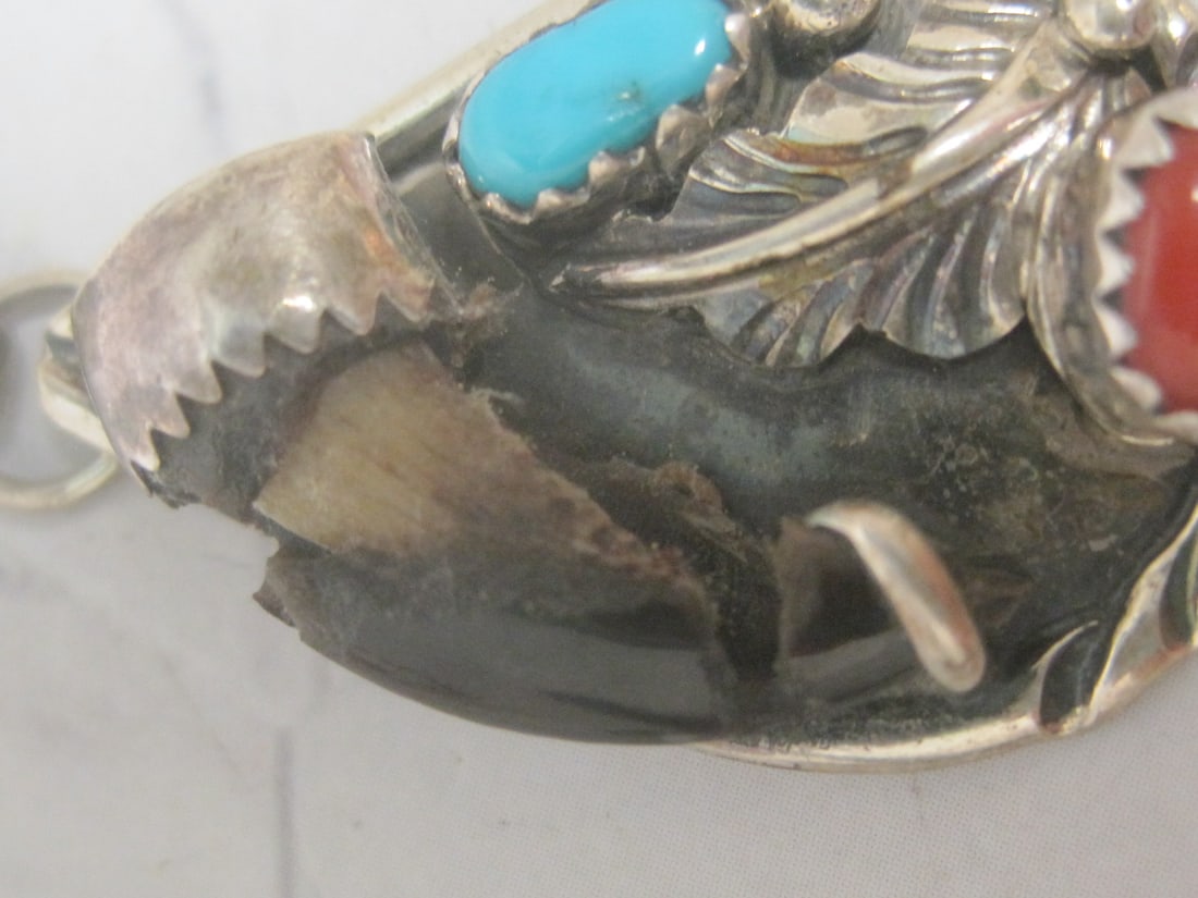 Sterling Silver Native American Style Pendant with Turquoise & Coral Stones & Bear Claw - 2