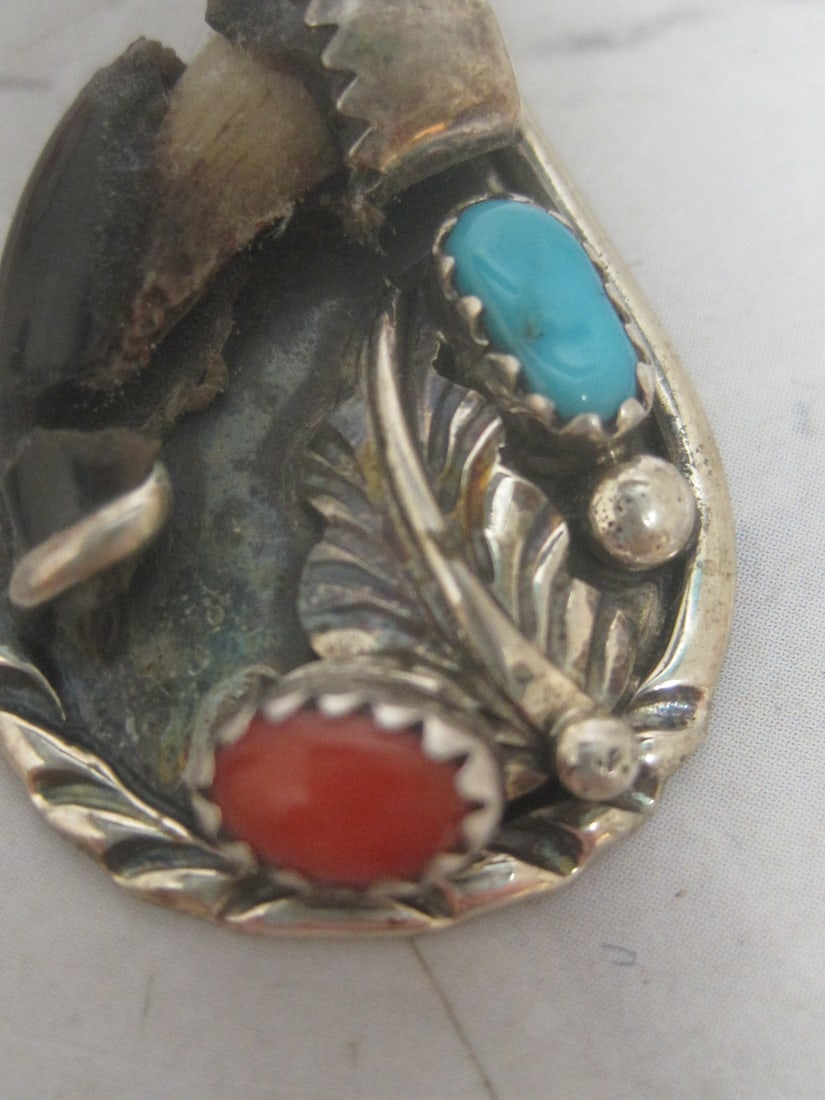 Sterling Silver Native American Style Pendant with Turquoise & Coral Stones & Bear Claw - 3
