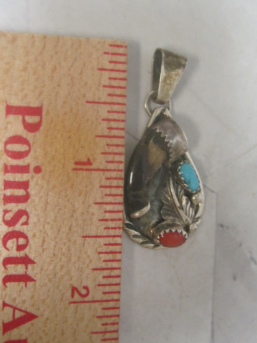 Sterling Silver Native American Style Pendant with Turquoise & Coral Stones & Bear Claw - 5