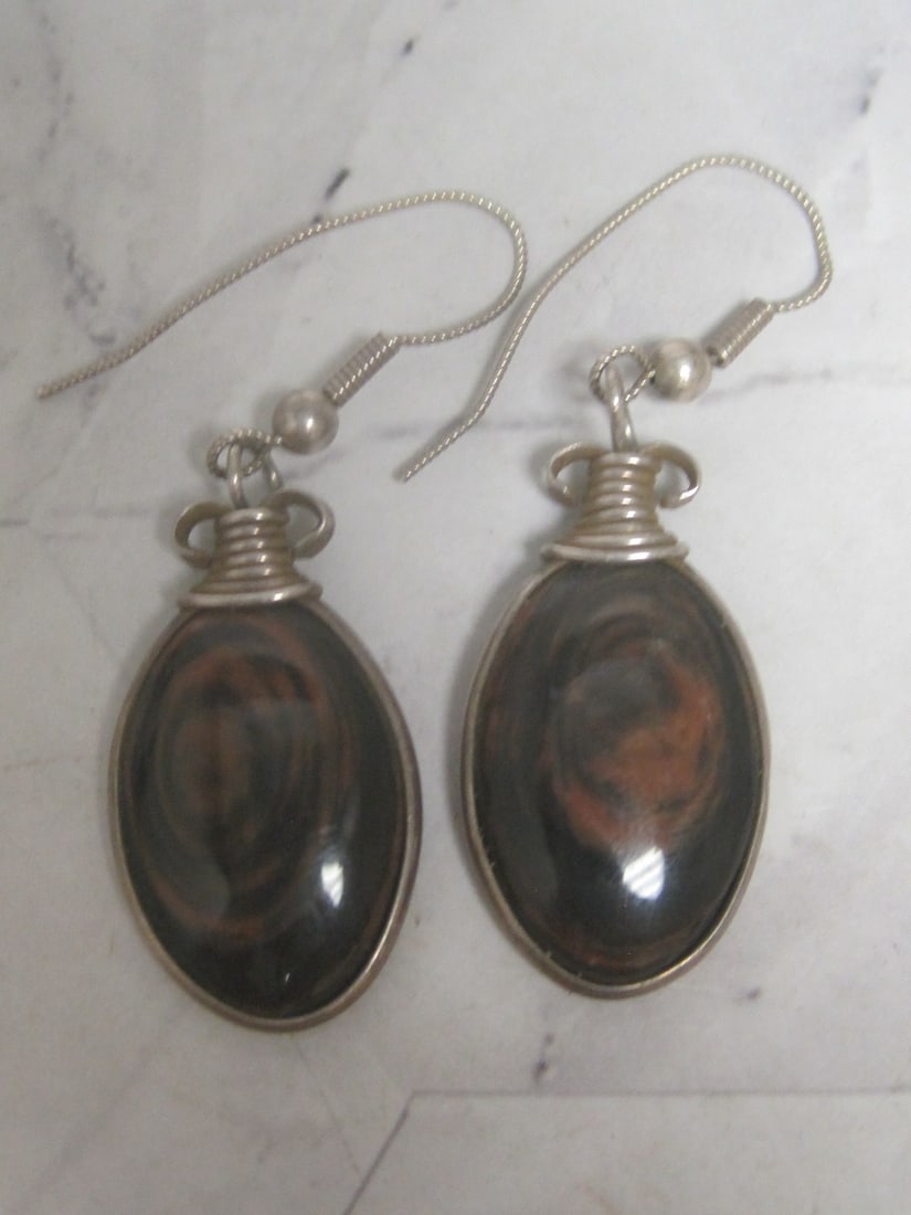Sterling Silver Artisan-Crafted Earrings with Brown Stones: .
