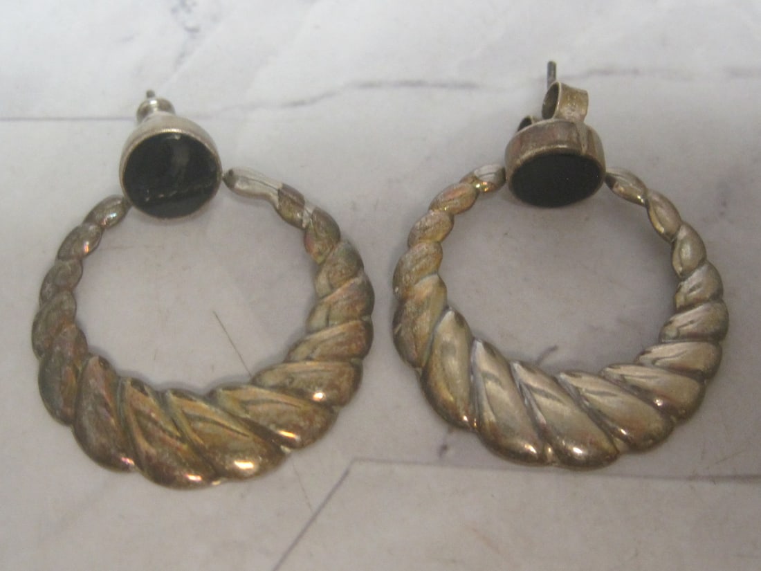 Sterling Silver Shrimp Hoop Earrings with Onyx Stones: Weighs 7.4 grams