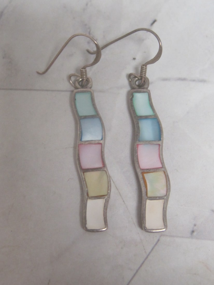 Sterling Silver Earrings with Multi-Color Mother of Pearl Inlay: Weighs 8 grams