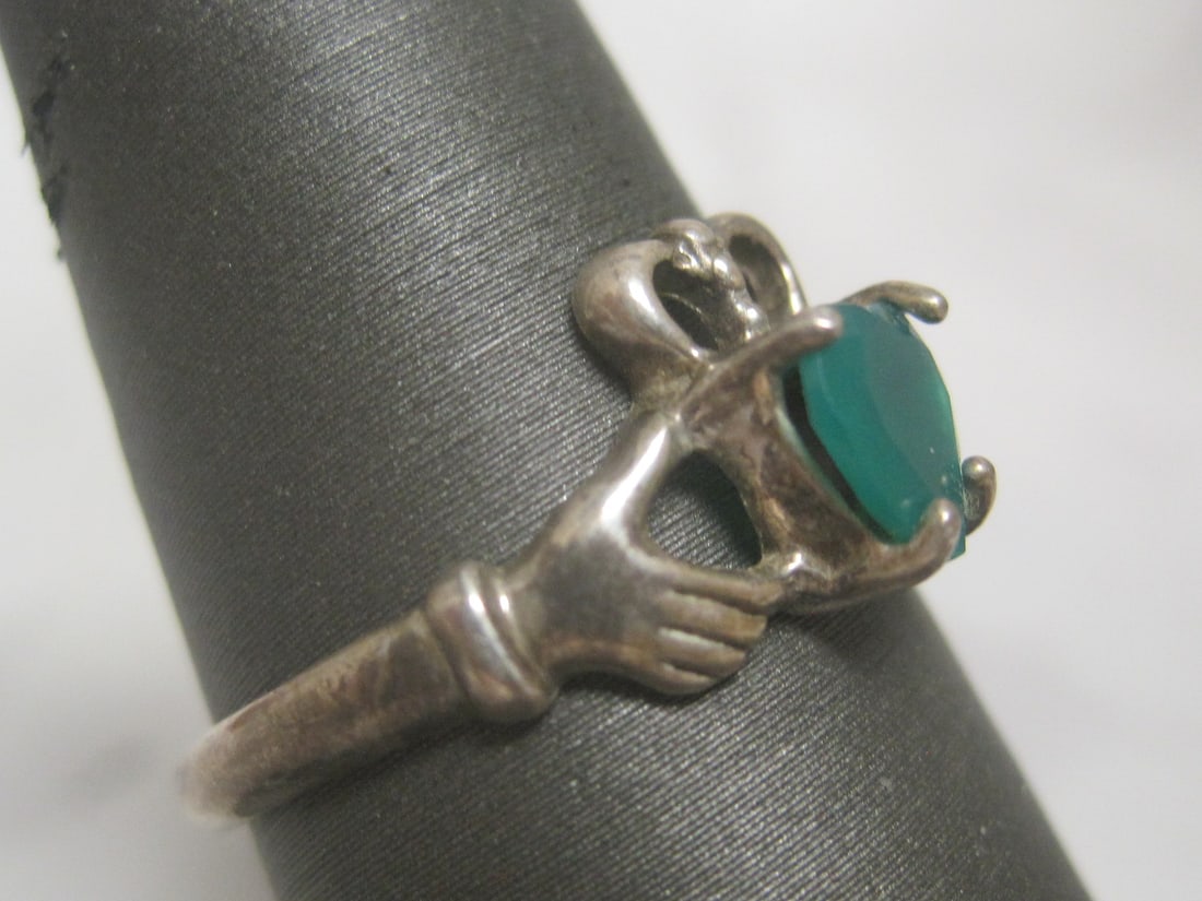 Sterling Silver Claddagh Ring with Green Heart Stone - 2