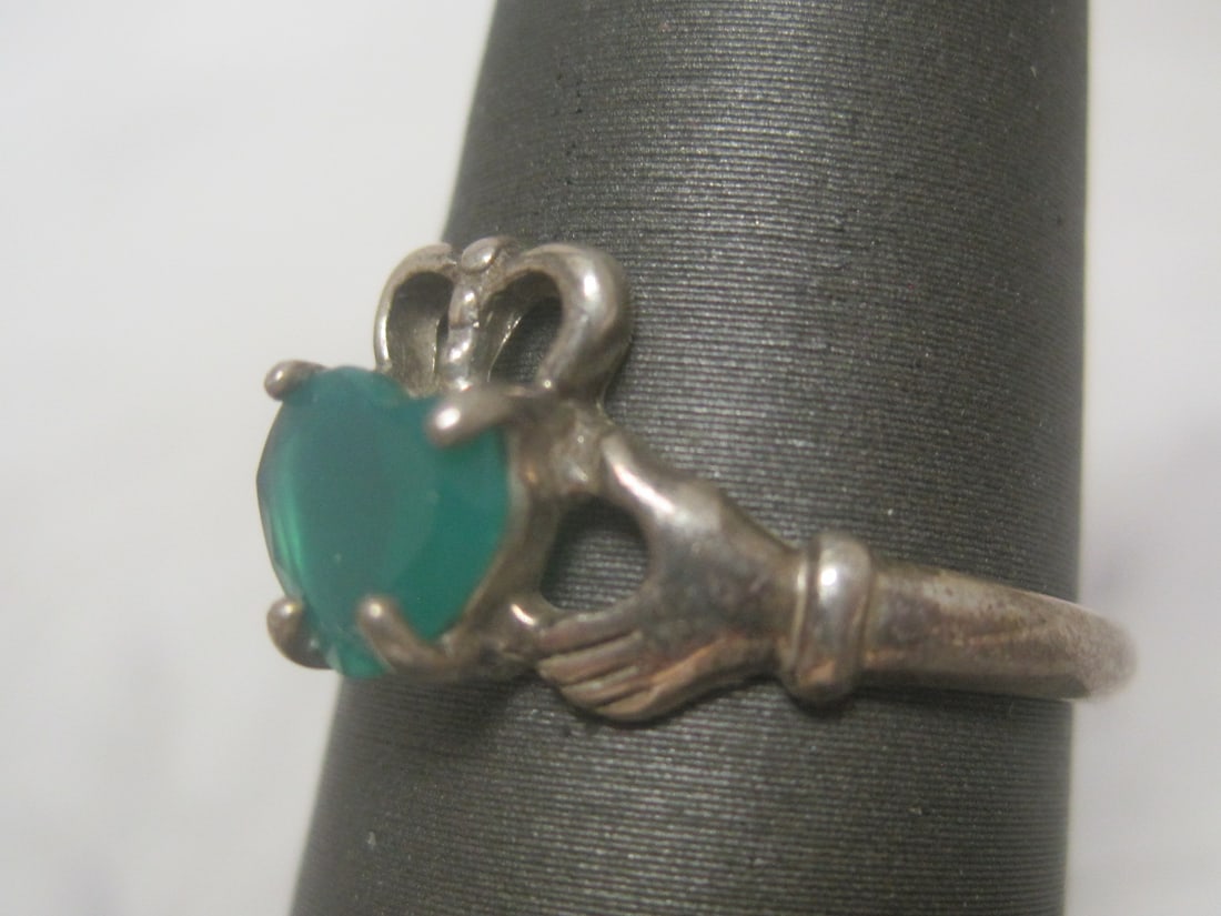 Sterling Silver Claddagh Ring with Green Heart Stone - 3