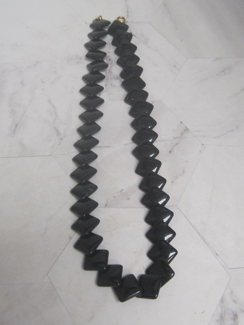 16" Vintage Trifari Necklace with Black Lucite Overlapping Square Design: Signed clasp