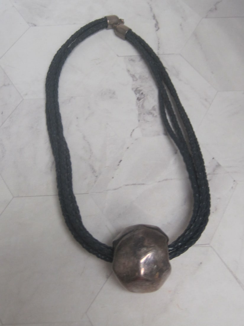 Multi-Braided Leather Necklace with Large Sterling Silver Ornamental Bead & Clasp: From Israel