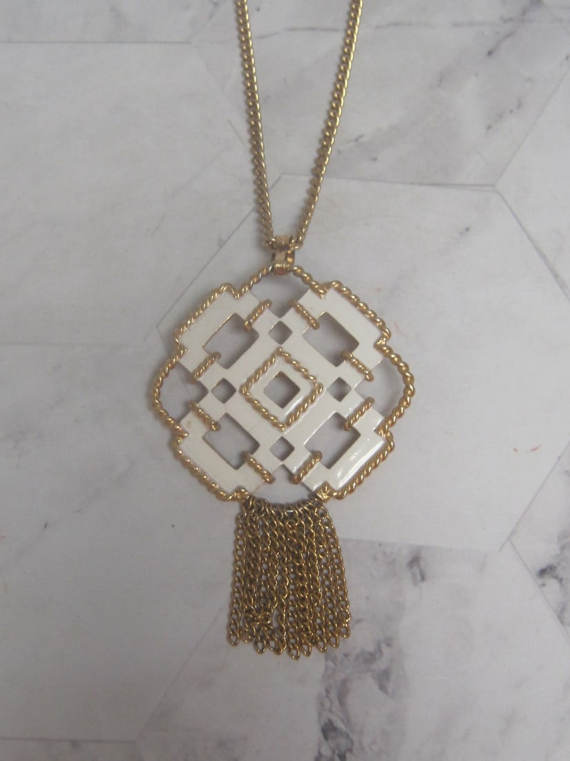 Vintage Avon Geometric White Enamel & Goldtone Pennant/Brooch on 32" Goldtone Chain: .