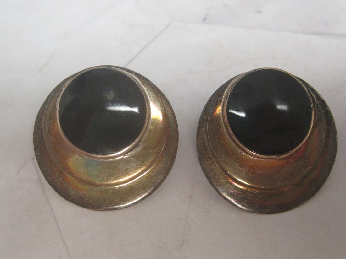 Sterling Silver Round Earrings with Onyx Inlay: Weighs 6.5 grams