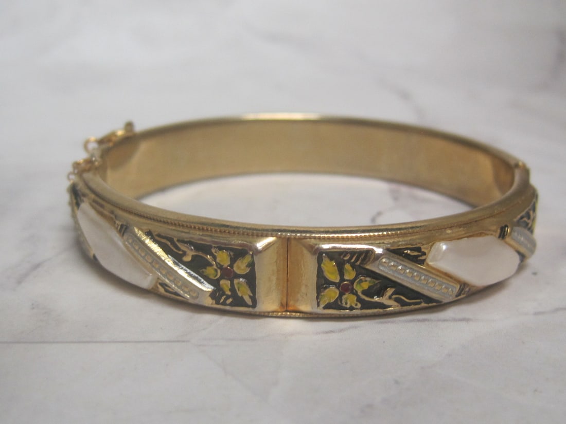 1/20 12k Gold-Filled Bangle with Mother of Pearl & Enamel Detailing: .