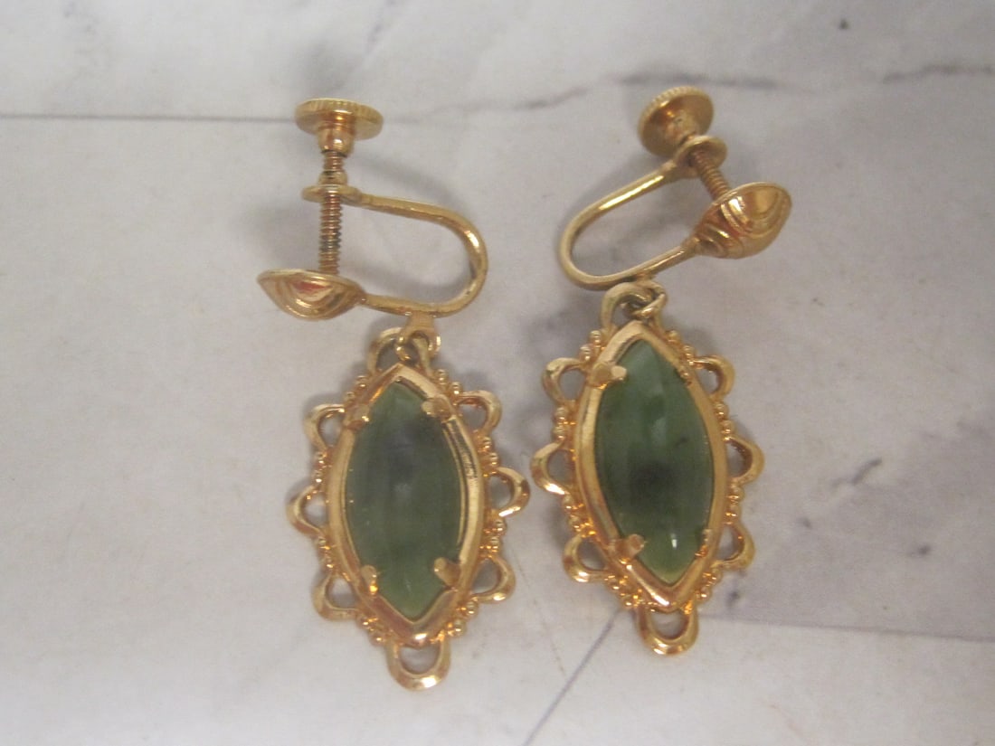 Vintage Karatclad by Bell Gold-Plated Jade Screwback Earrings: .