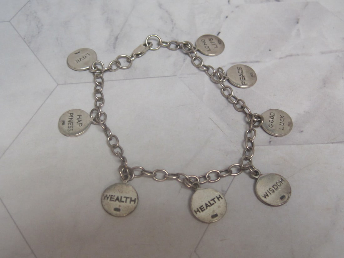 8" Sterling Silver Chinese Positive Virtues Charm Bracelet: Weighs 13.3 grams