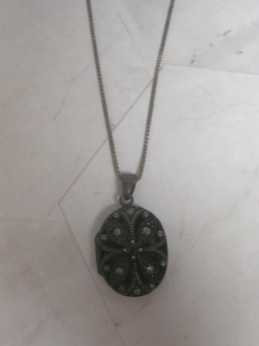 Sterling Silver Marcasite Locket on 18" Sterling Silver Chain: Weighs 6.5 grams