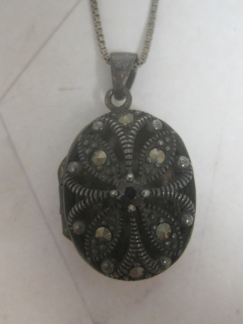 Sterling Silver Marcasite Locket on 18" Sterling Silver Chain - 2